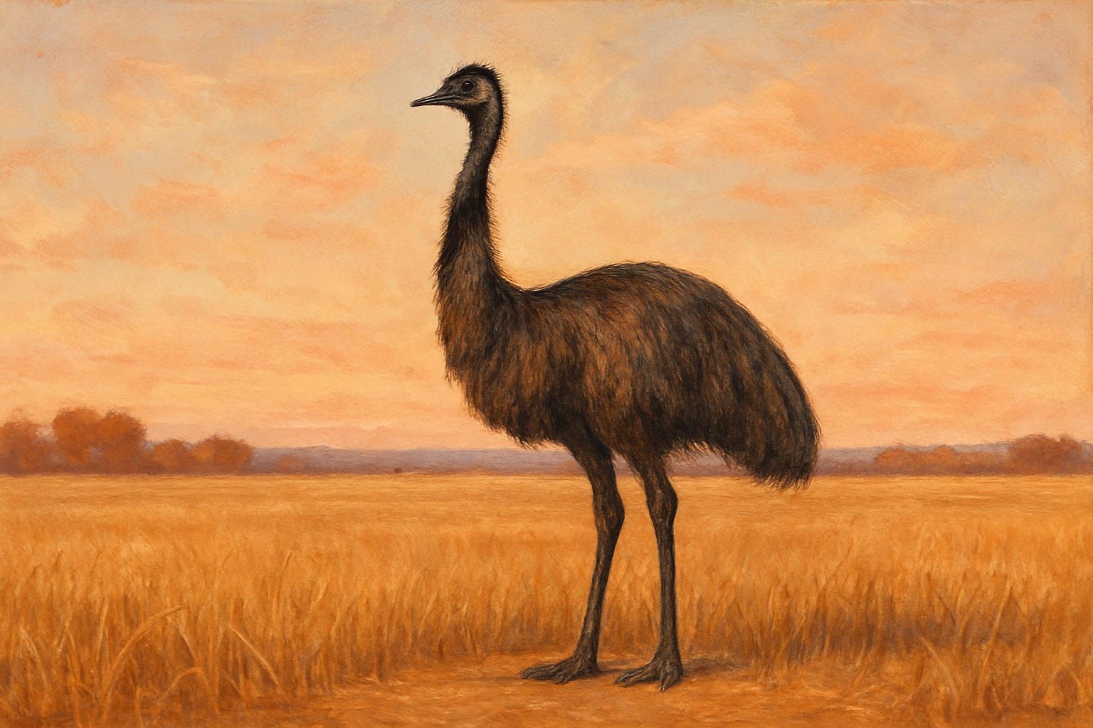 An emu standing triumphantly on dry Australian farmland under a wide sky