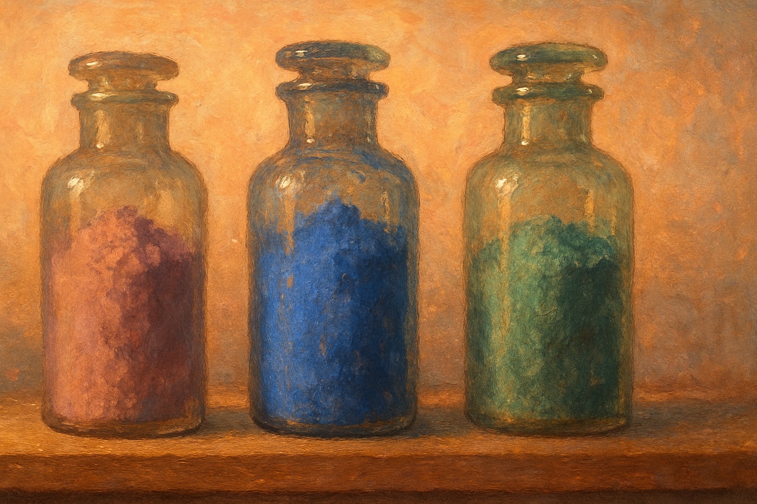 Antique glass jars of powdered pigments in purple, blue, and green on a wooden shelf