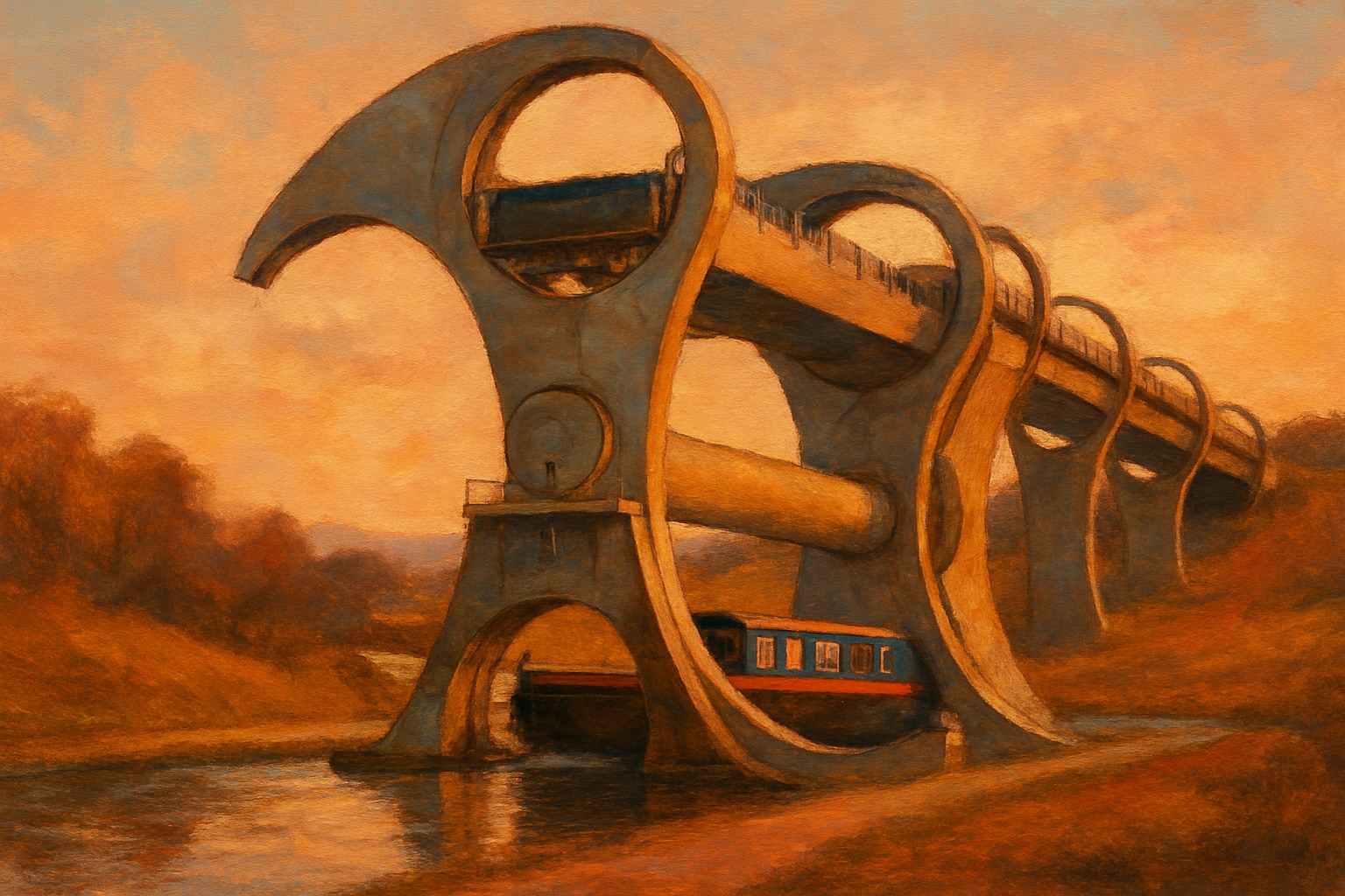 The Falkirk Wheel boat lift rotating with a canal boat inside its gondola