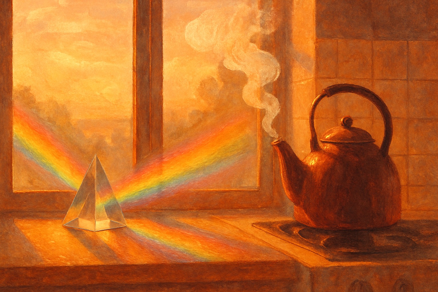 A glass prism on a sunny windowsill splitting light into a rainbow beside a steaming kettle
