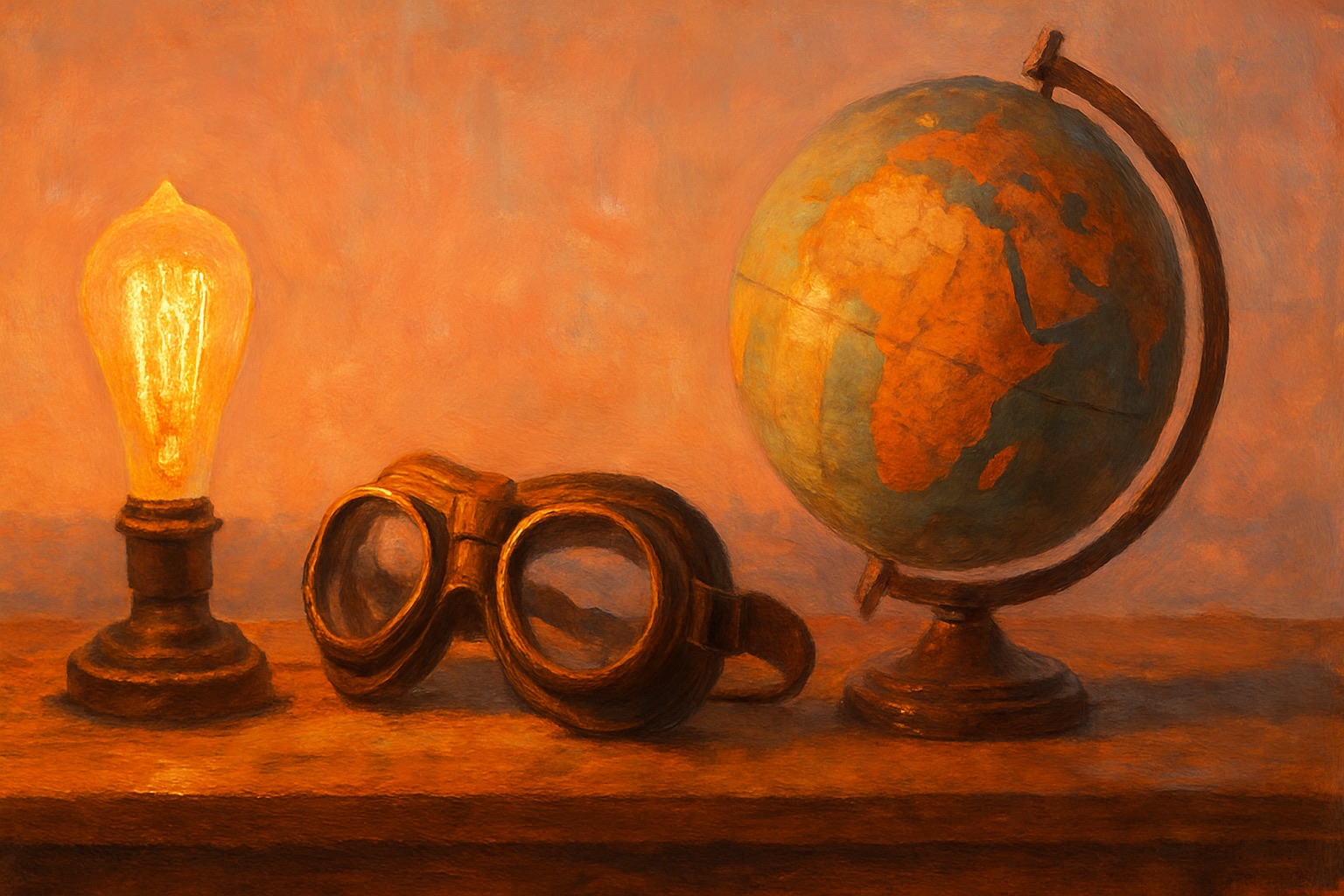 An early filament light bulb, aviator goggles, and a vintage globe on a wooden desk