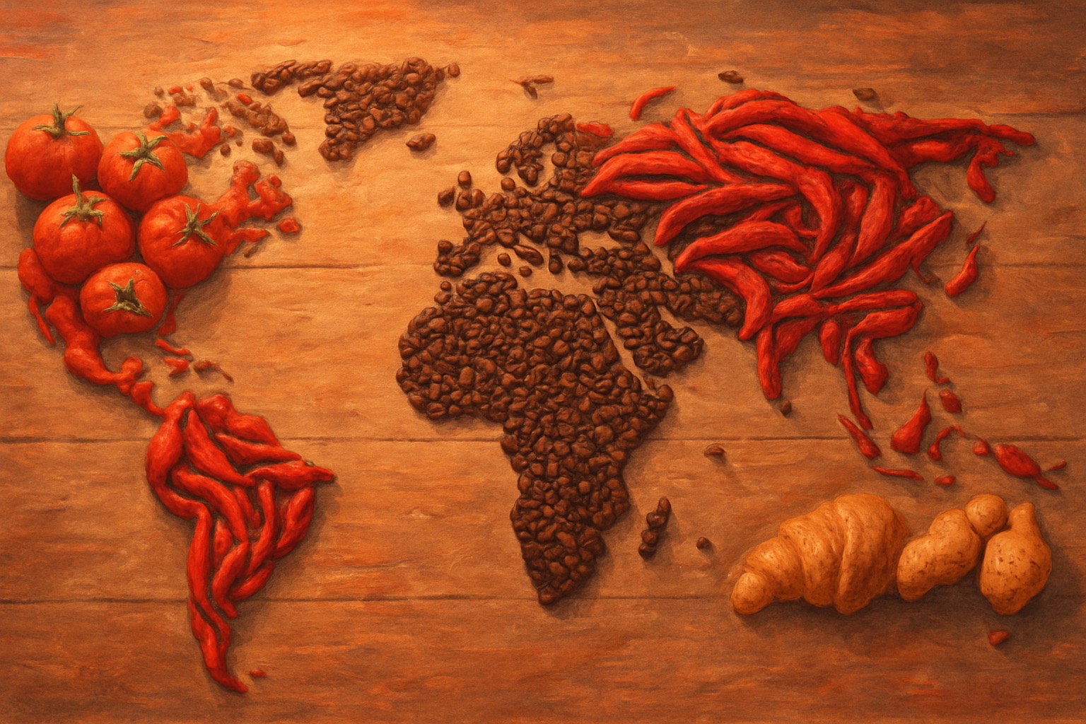 A world map made of scattered ingredients including tomatoes, chili peppers, and a croissant