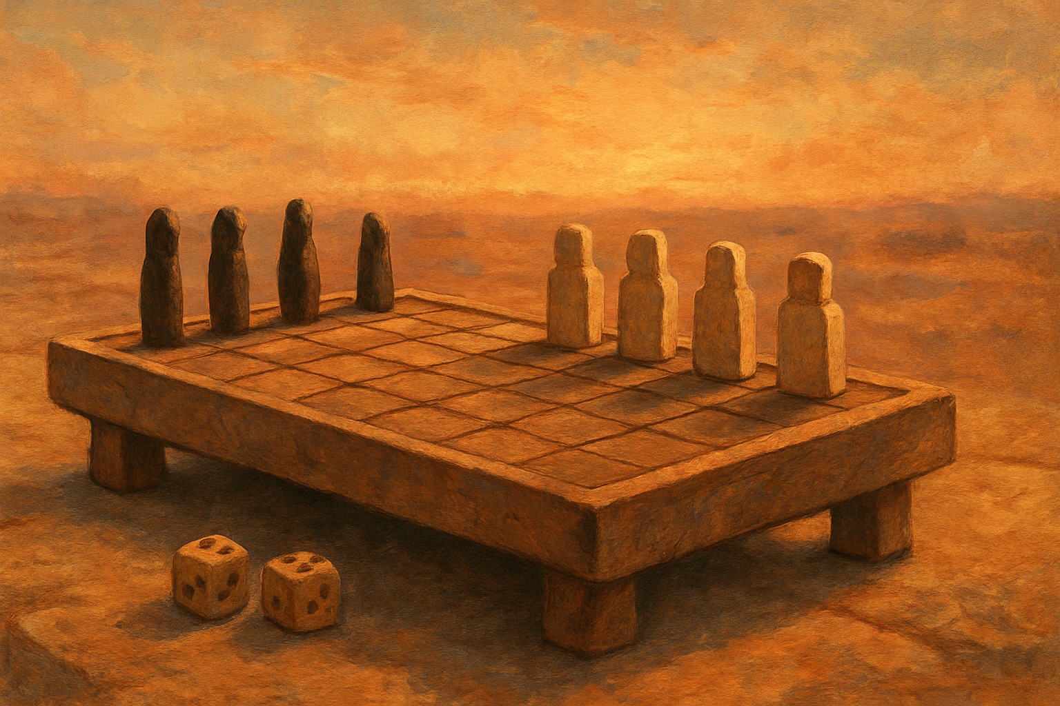 An ancient Egyptian senet game board with carved playing pieces on stone