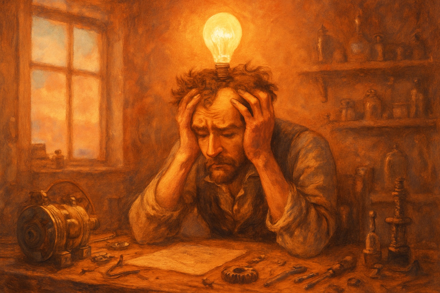 An inventor at a workbench holding his head in his hands beside a glowing lightbulb