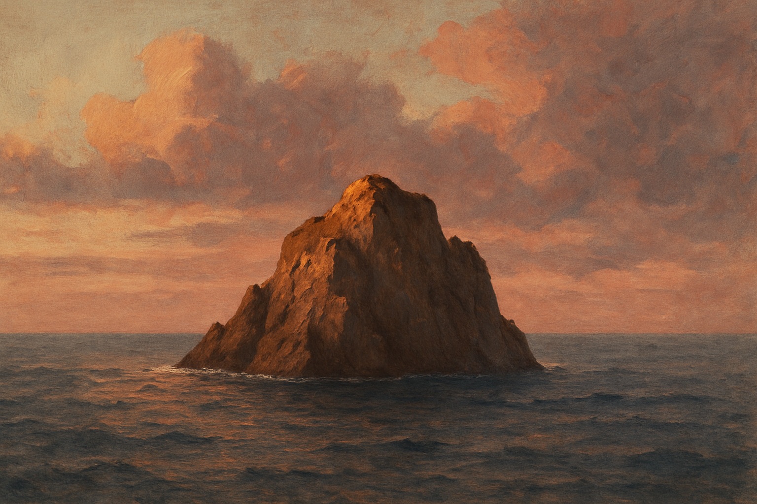 A small remote rocky island with cliffs rising from open ocean under dramatic clouds