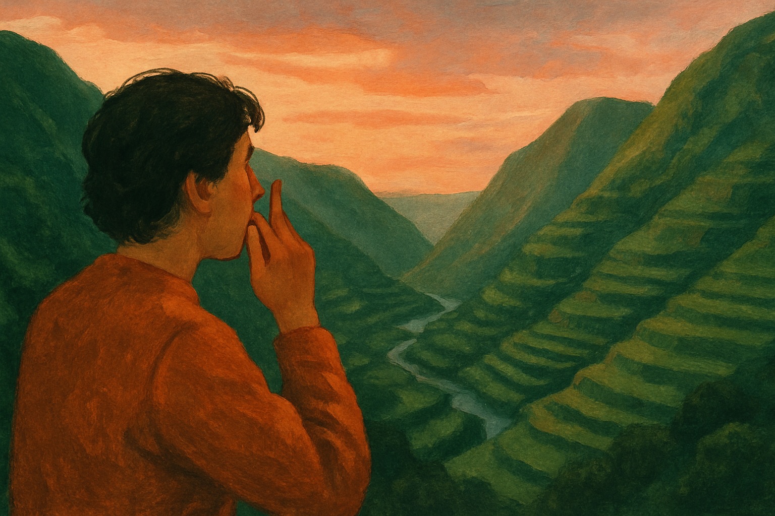 A person whistling across a deep green canyon with terraced hillsides in the distance