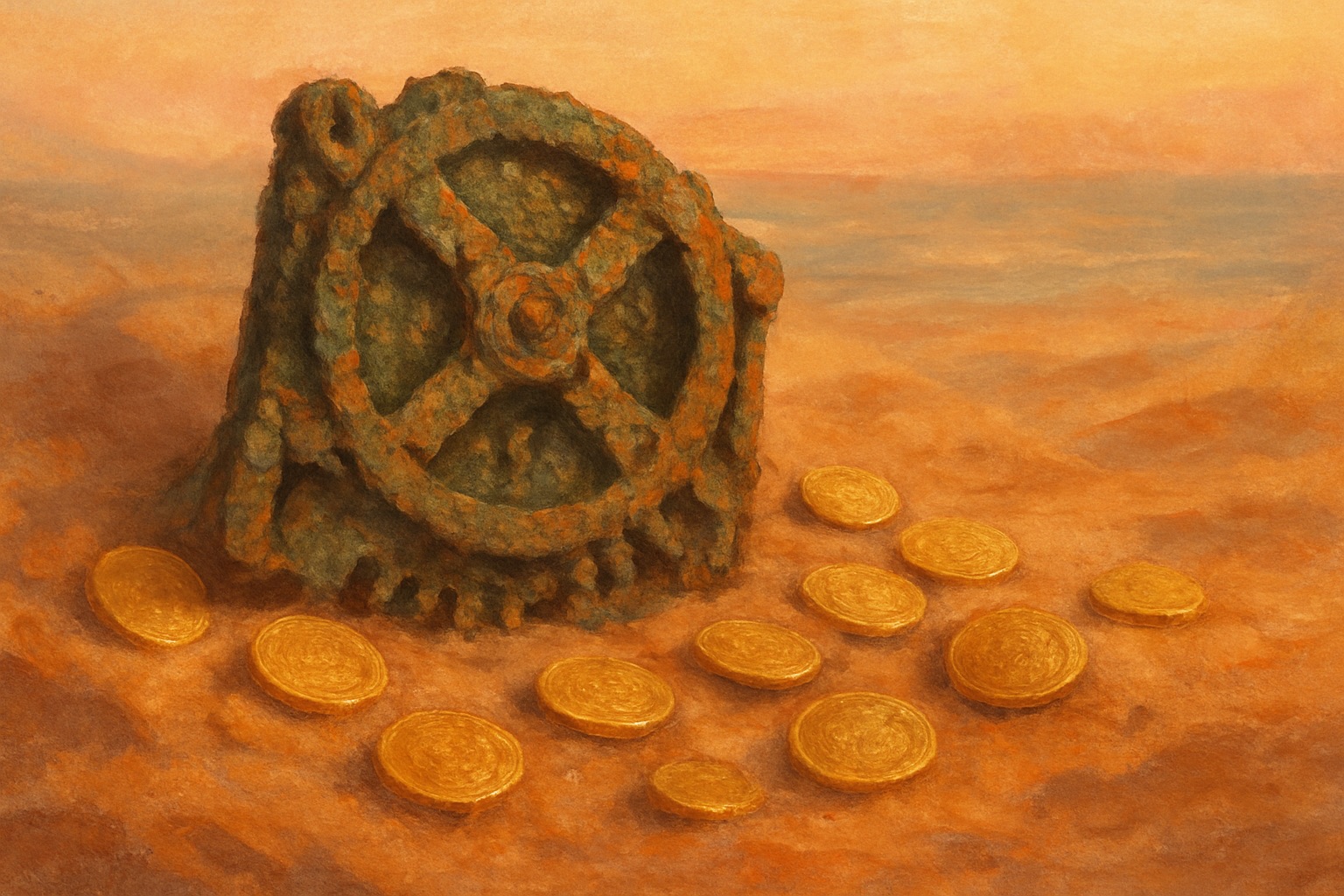 Ancient gold coins and a corroded bronze artifact half-buried in seabed sediment