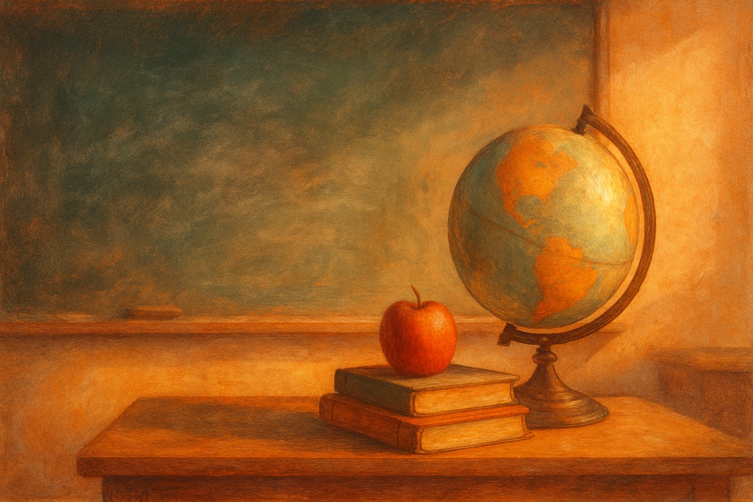 Chalkboard in an old classroom with a globe and apple on the teacher's desk