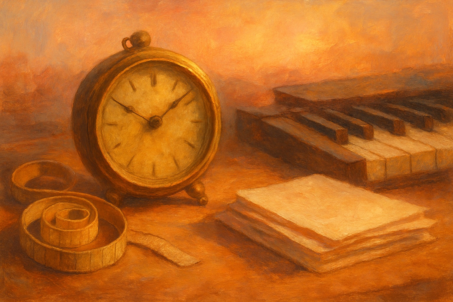 An old brass clock face surrounded by a measuring tape, piano keys, and sheets of paper
