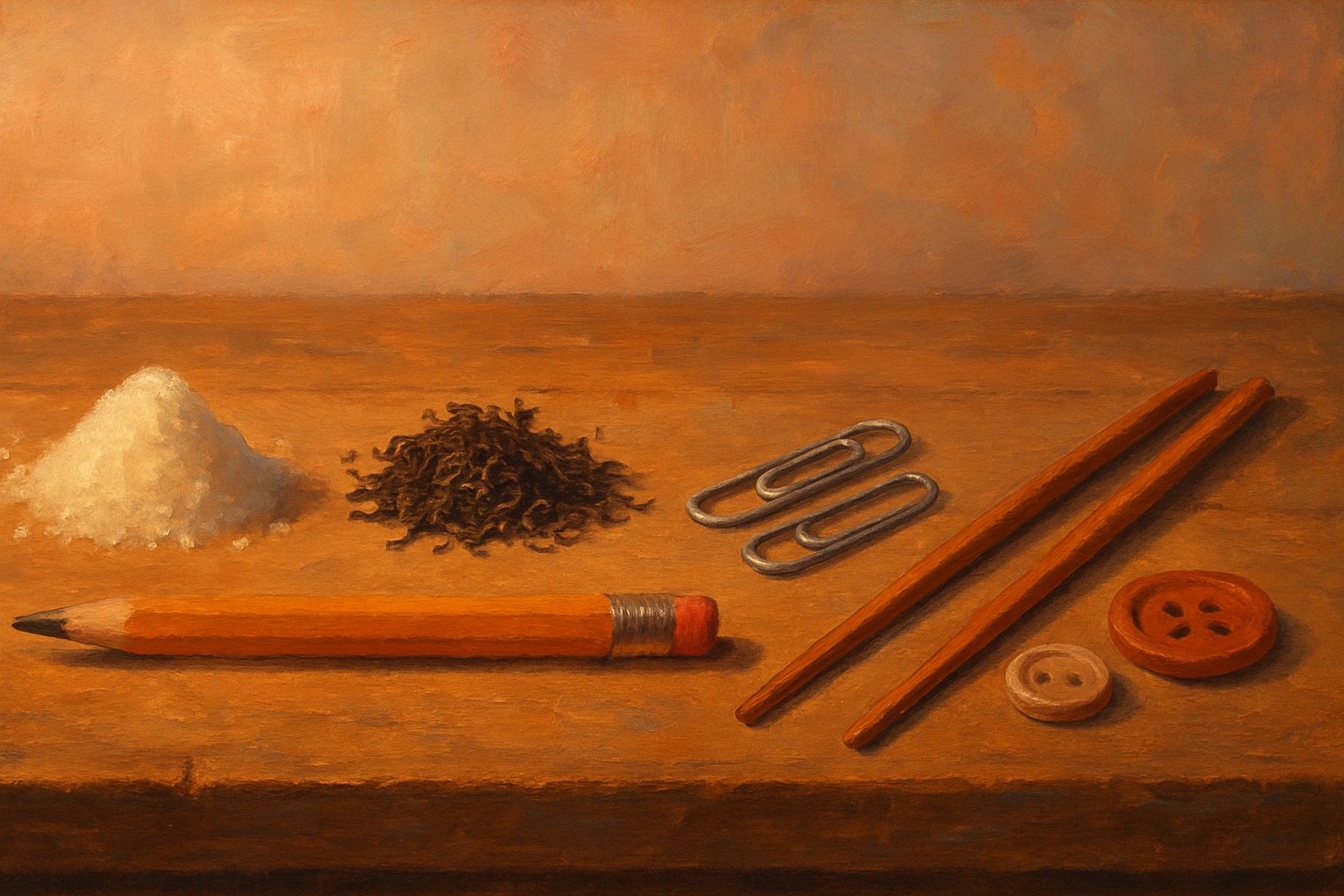 Everyday objects including salt, tea leaves, a pencil, paper clips, buttons, and chopsticks laid out on a wooden table
