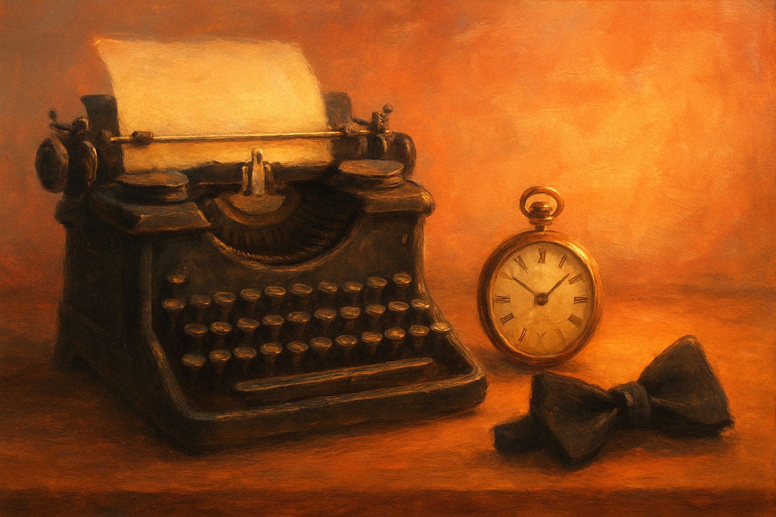 A vintage typewriter beside a pocket watch and a black bow tie on a wooden desk