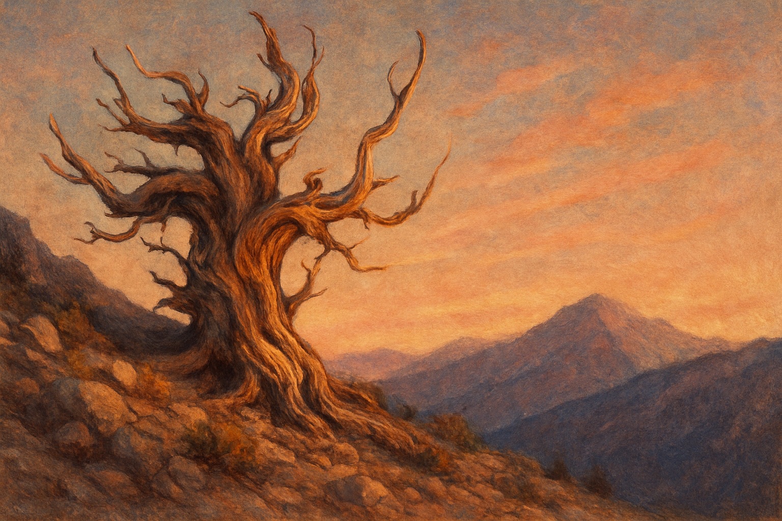 A gnarled ancient bristlecone pine tree on a rocky mountainside at dusk