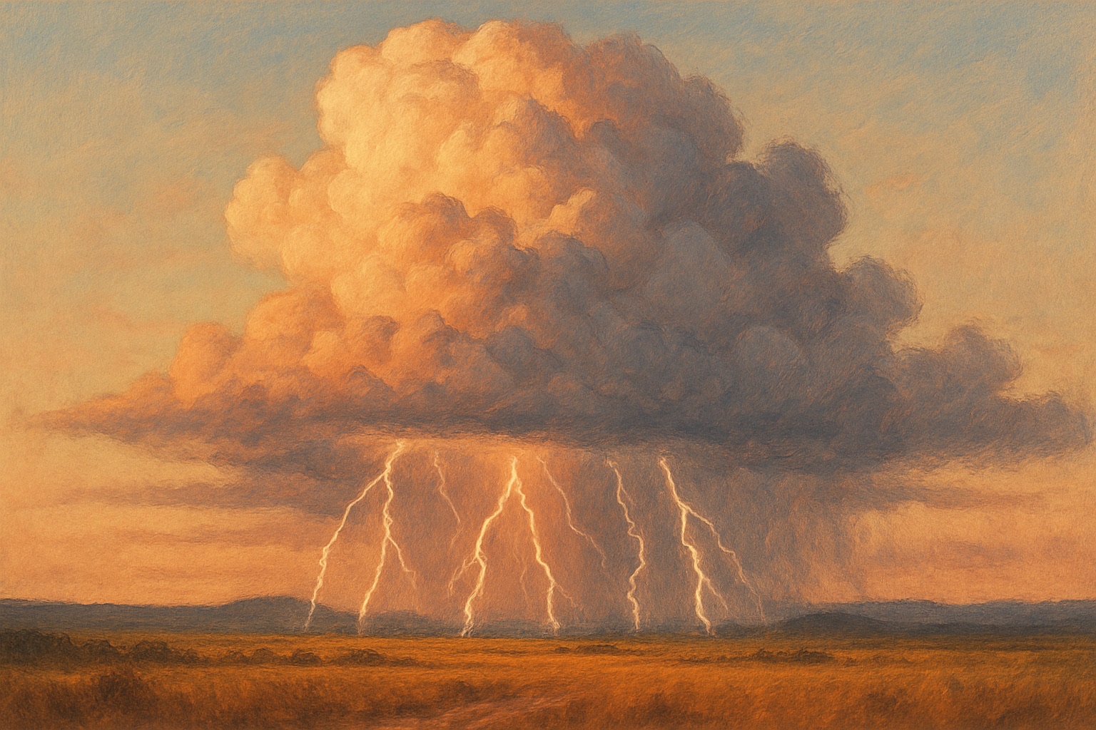 A massive storm cloud over a plain with multiple lightning bolts striking the horizon
