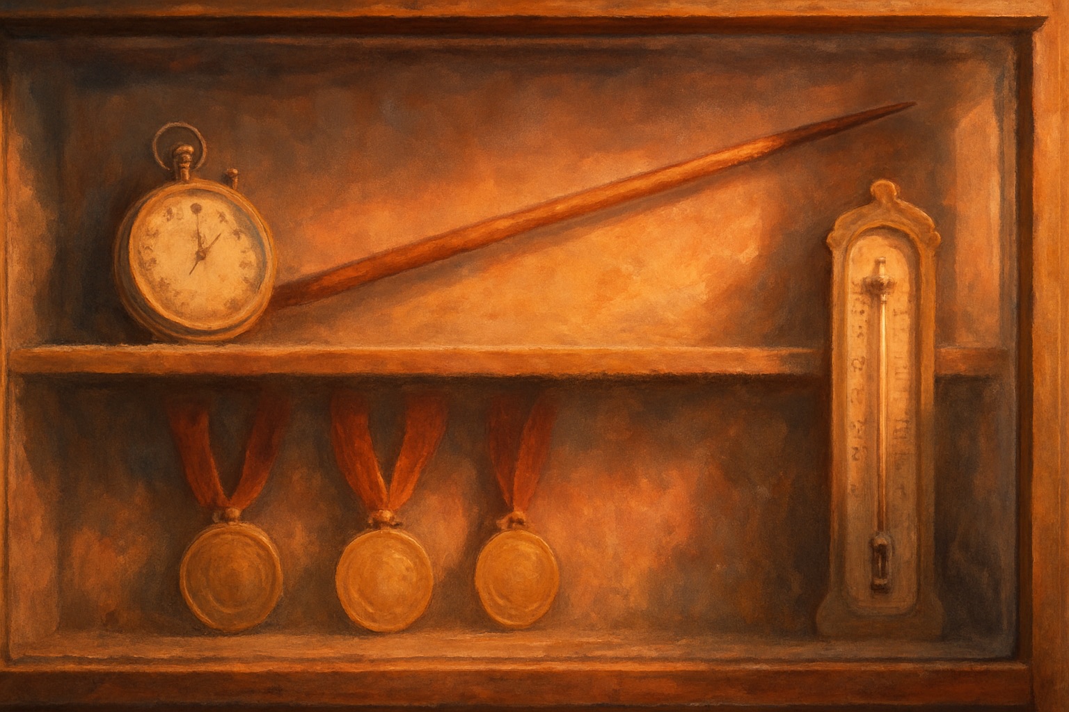 Old trophy case holding a stopwatch, a javelin, medals, and a thermometer