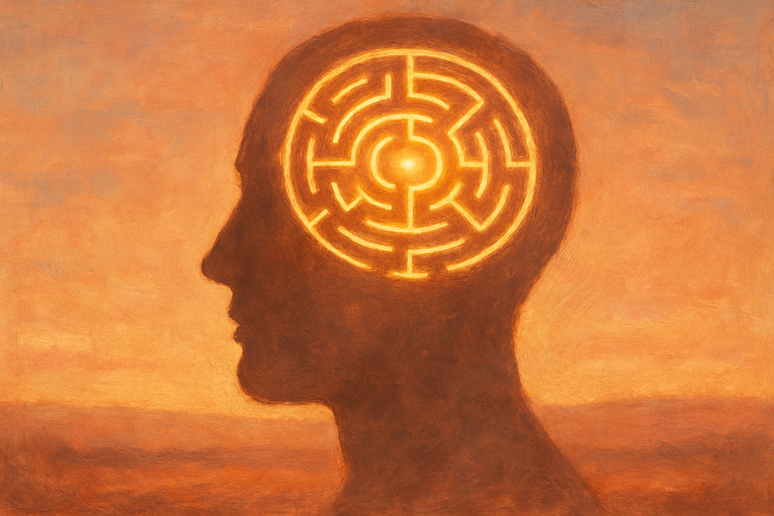 A human head silhouette in profile with a maze pattern inside where the brain would be